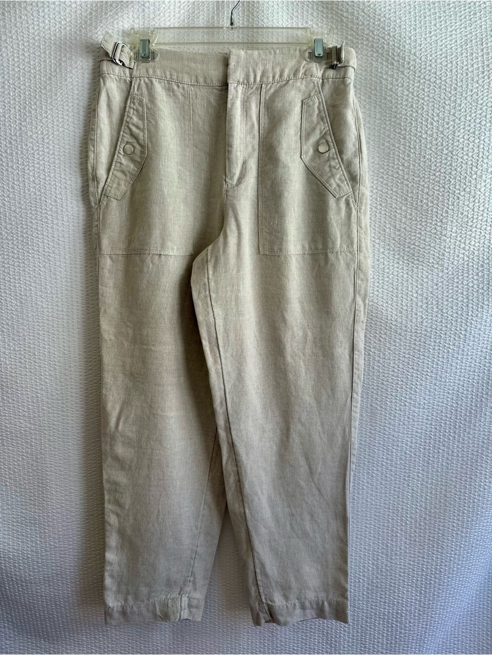 Athleta Voyager 100% Linen Travel Crop Pants Tan Size 6 Vacation Resort Women’s
